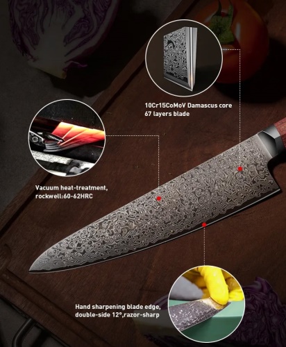 FUJUNI kuchařský damaškový nůž Chef 8" (210 mm) Rosewood VG-10