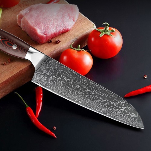FUJUNI kuchářský damaškový nůž Santoku 7.5" (190 mm) Black & Red VG-10