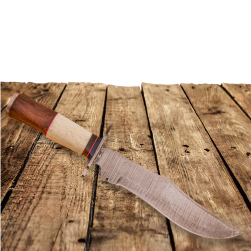KnifeBoss velký damaškový nůž Bowie Camel Bone & RoseWood