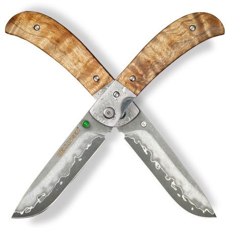 DELLINGER lovecký zavírací damaškový nůž Scorpion Maple Burl-Wood Flipper