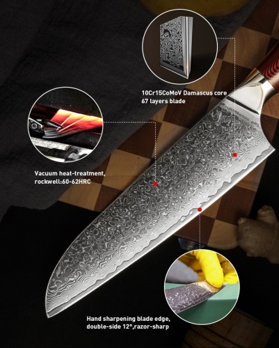 FUJUNI kuchářský damaškový nůž Santoku 7.5" (190 mm) Black & Red VG-10