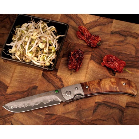 DELLINGER lovecký zavírací damaškový nůž Scorpion Maple Burl-Wood Flipper